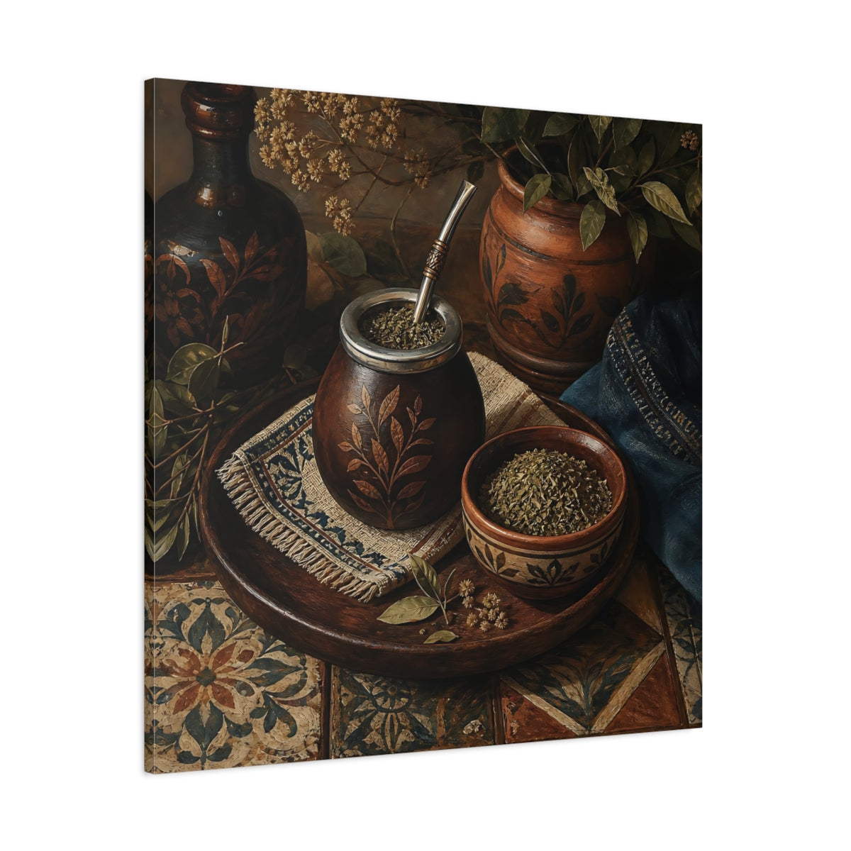 Side Mockup 1. Vintage Yerba Mate Rustic Still Life shown as stretched canvas wall art