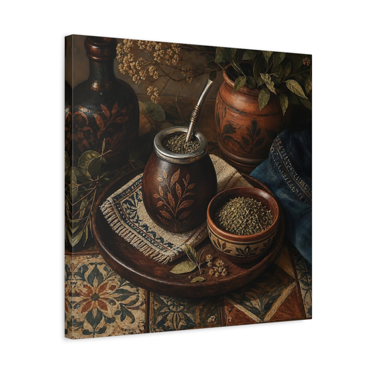 Side Mockup 5. Vintage Yerba Mate Rustic Still Life shown as stretched canvas wall art