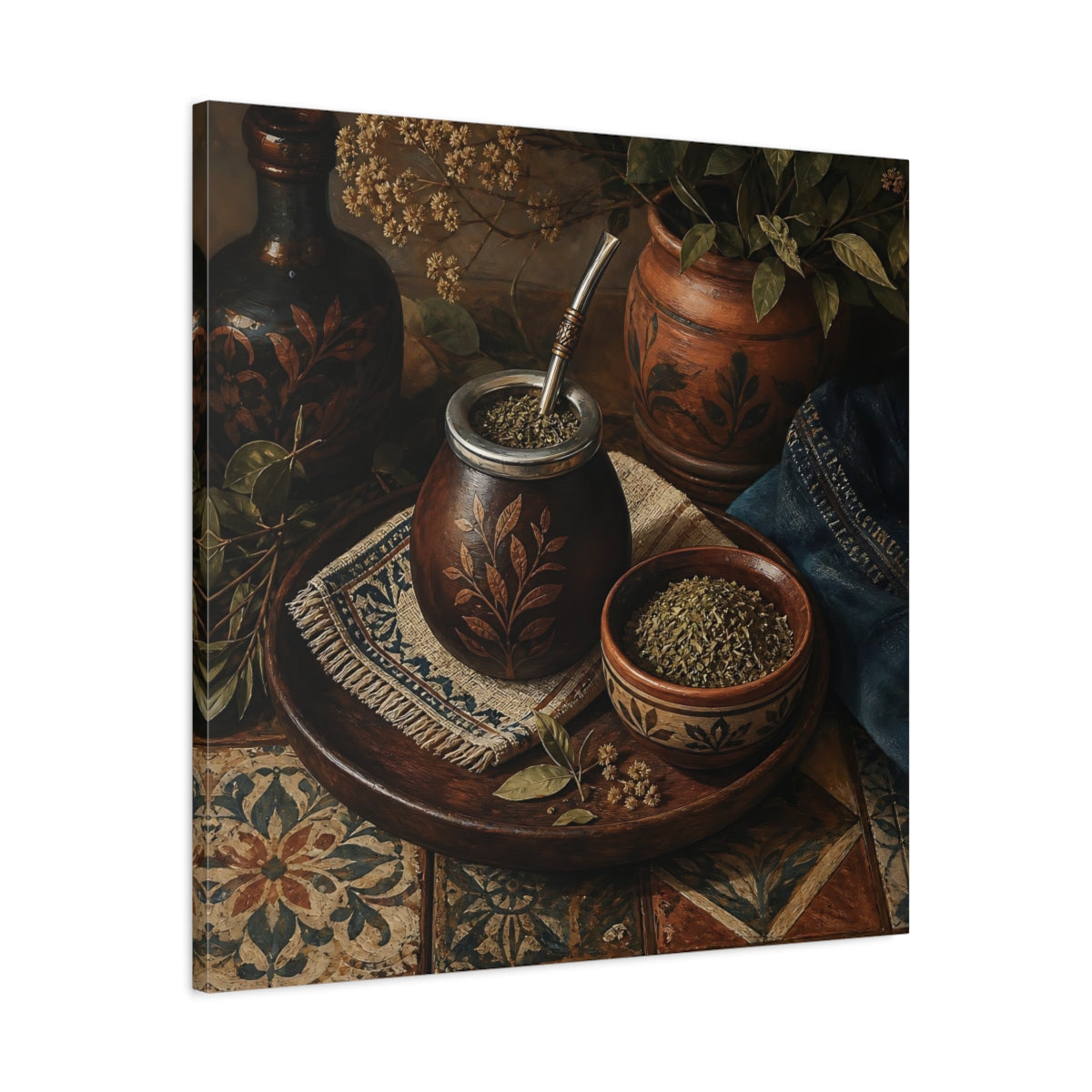 Side Mockup 3. Vintage Yerba Mate Rustic Still Life shown as stretched canvas wall art