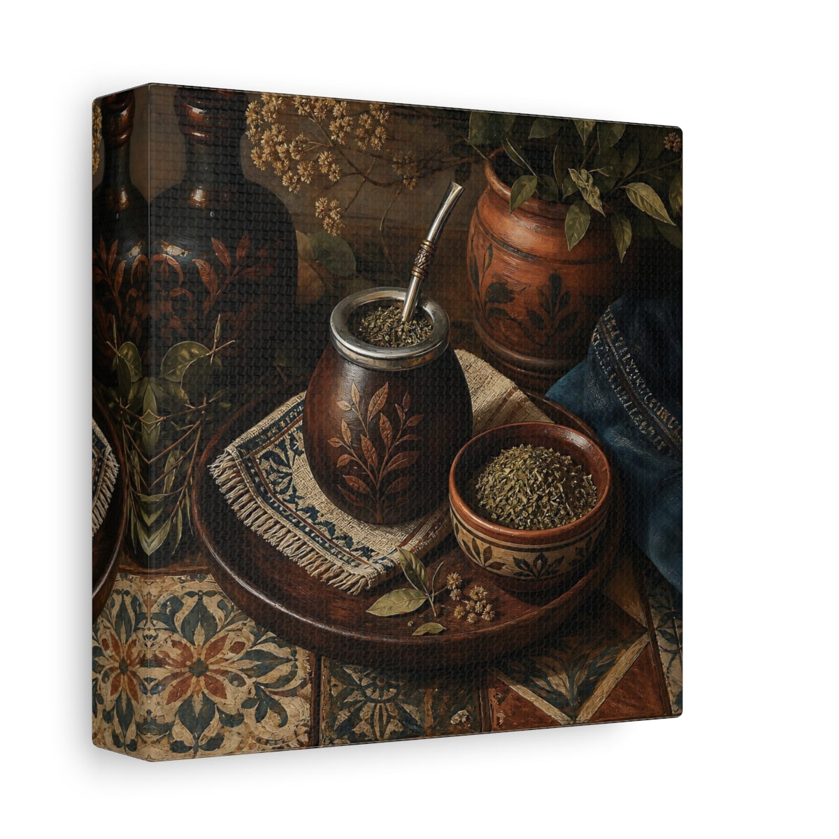 Side Mockup 2. Vintage Yerba Mate Rustic Still Life shown as stretched canvas wall art