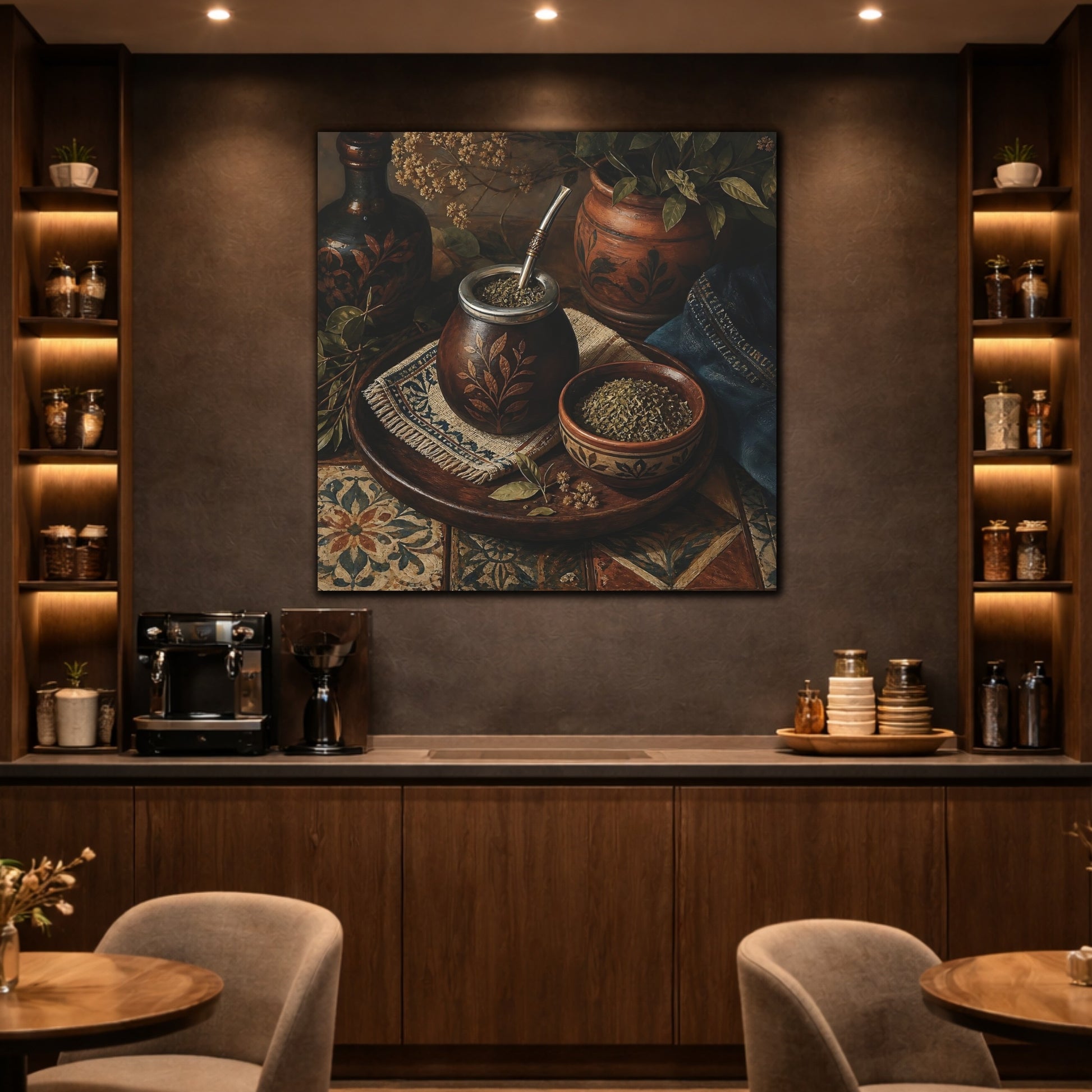 Mockup 2. Vintage Yerba Mate Rustic Still Life shown as stretched canvas wall art