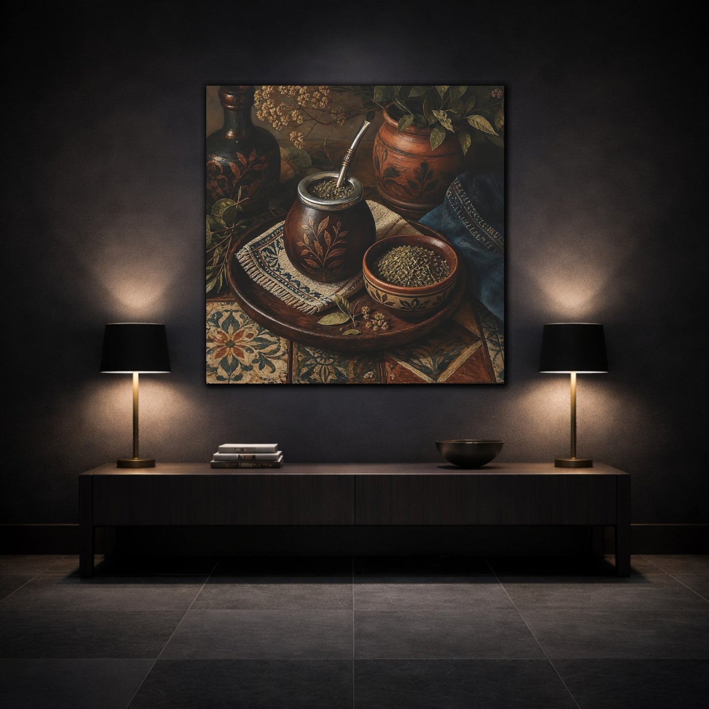 Mockup 3. Vintage Yerba Mate Rustic Still Life shown as stretched canvas wall art