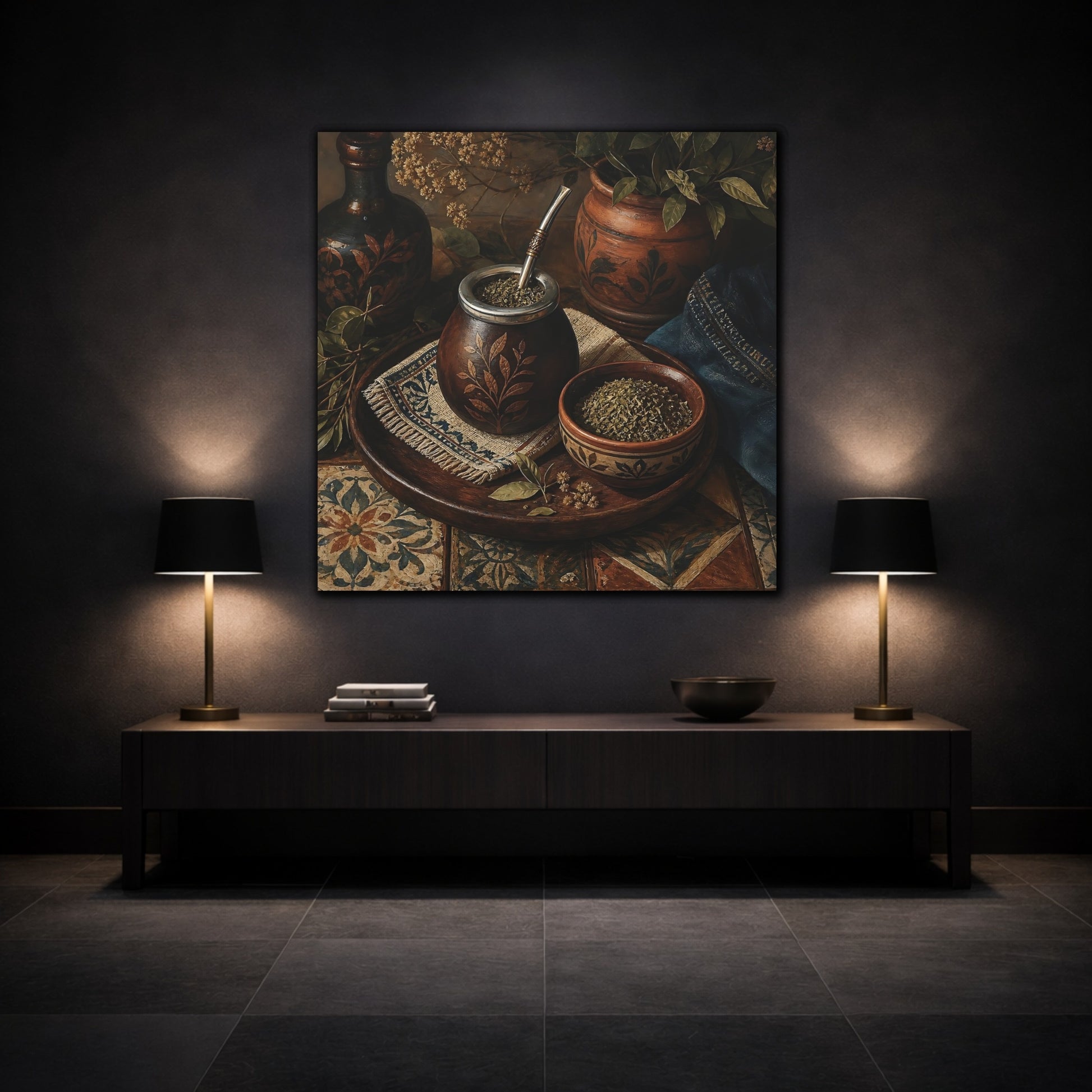 Mockup 3. Vintage Yerba Mate Rustic Still Life shown as stretched canvas wall art