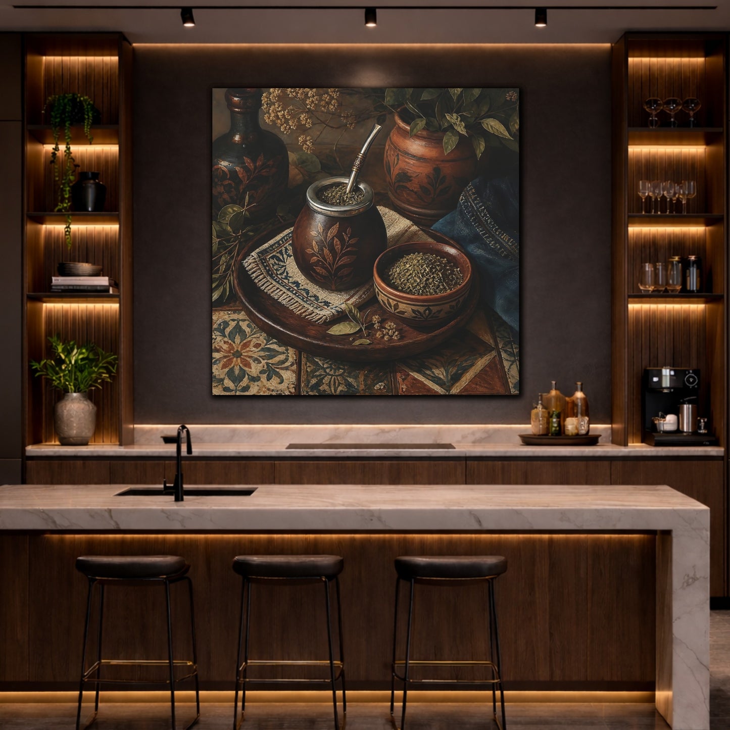 Mockup 4. Vintage Yerba Mate Rustic Still Life shown as stretched canvas wall art