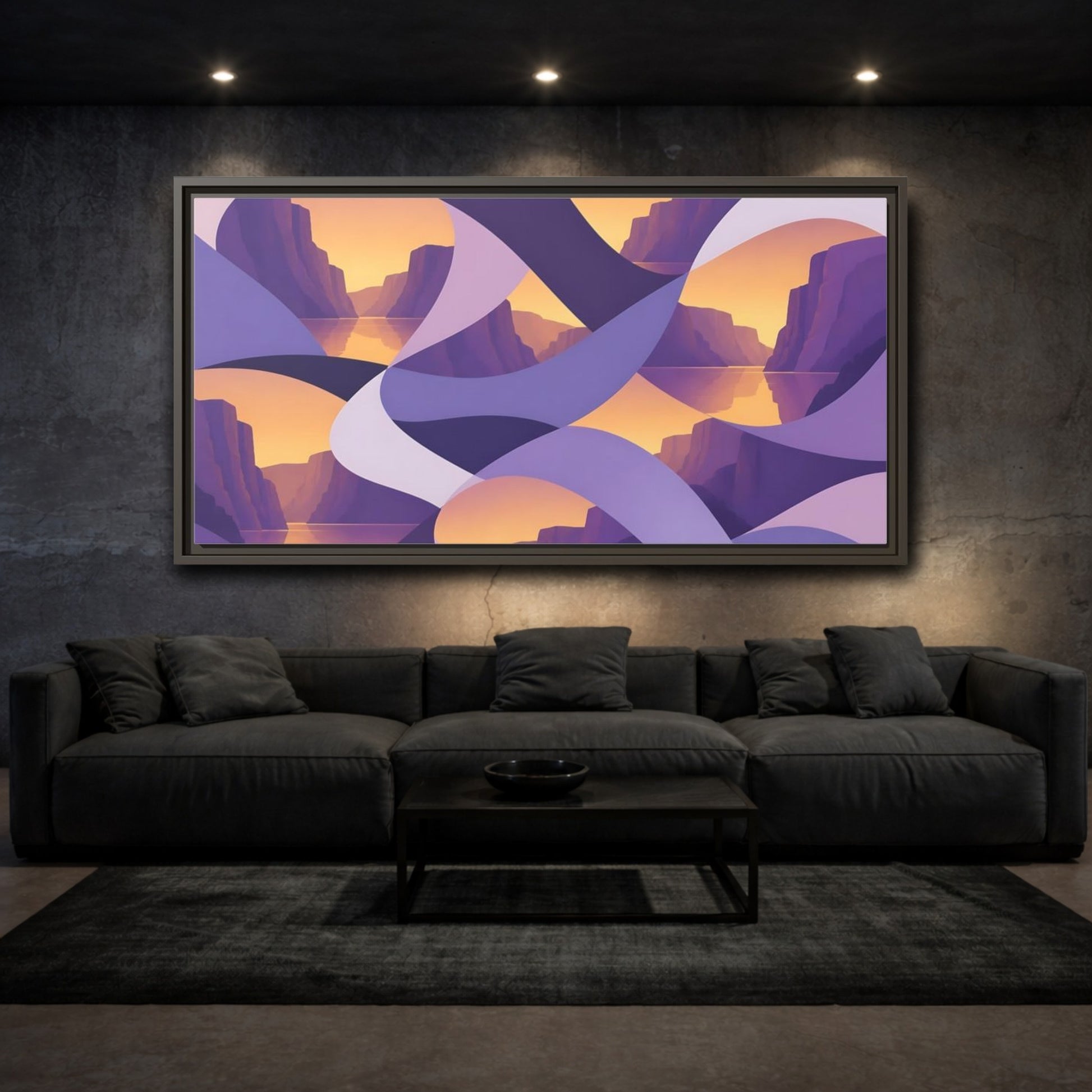 Mockup 3. Violet Cliffs Sunset shown as framed canvas print