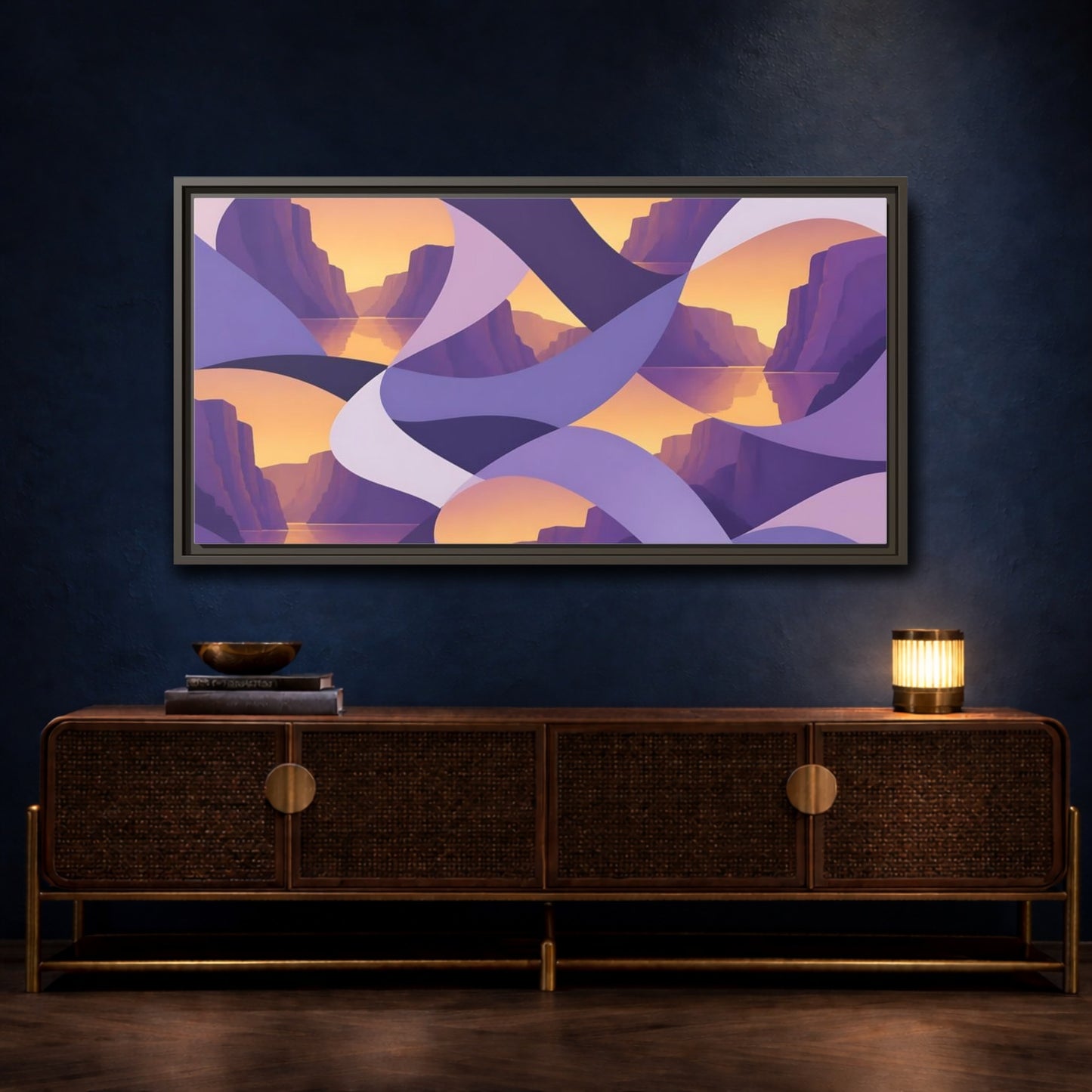Mockup 4. Violet Cliffs Sunset shown as framed canvas print