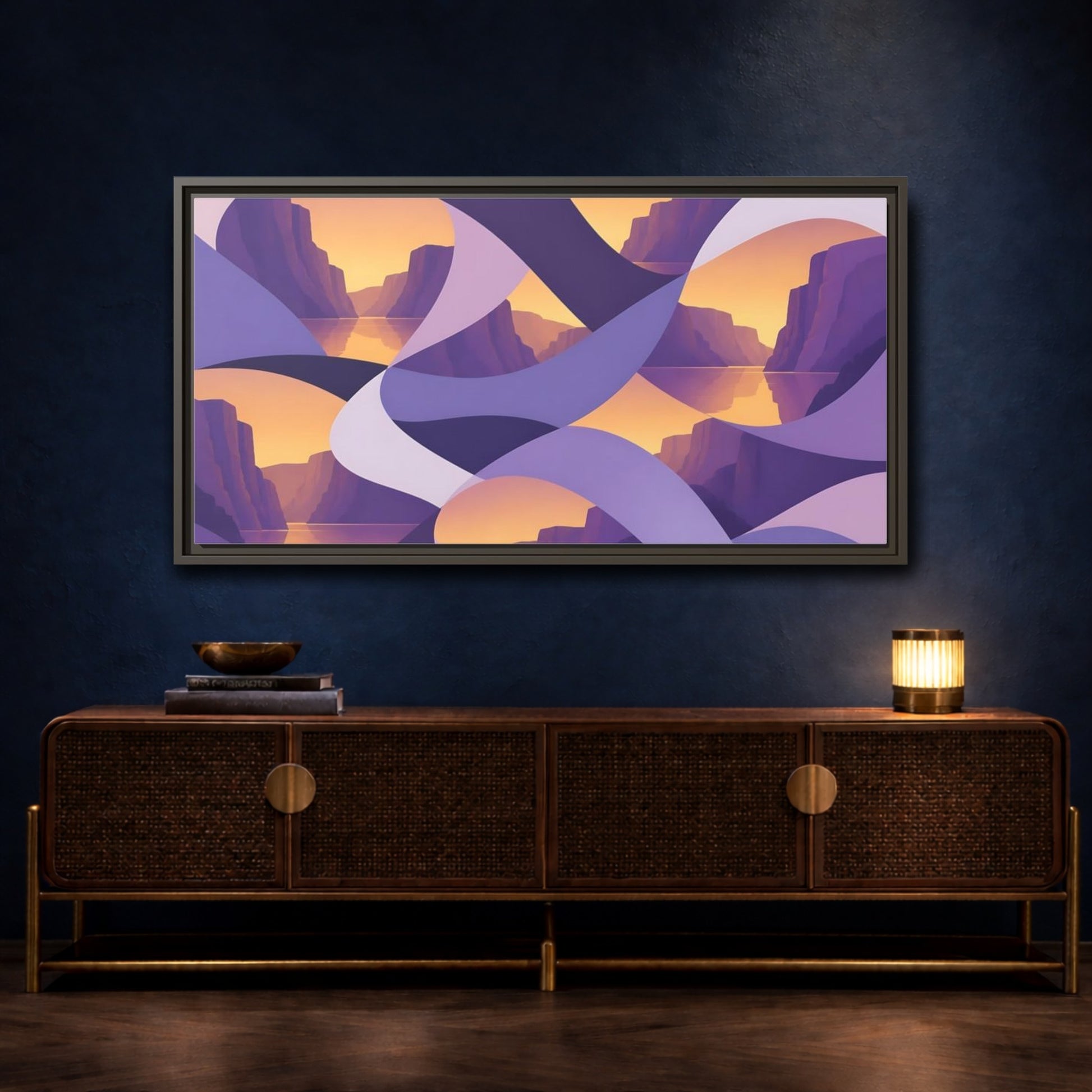 Mockup 4. Violet Cliffs Sunset shown as framed canvas print