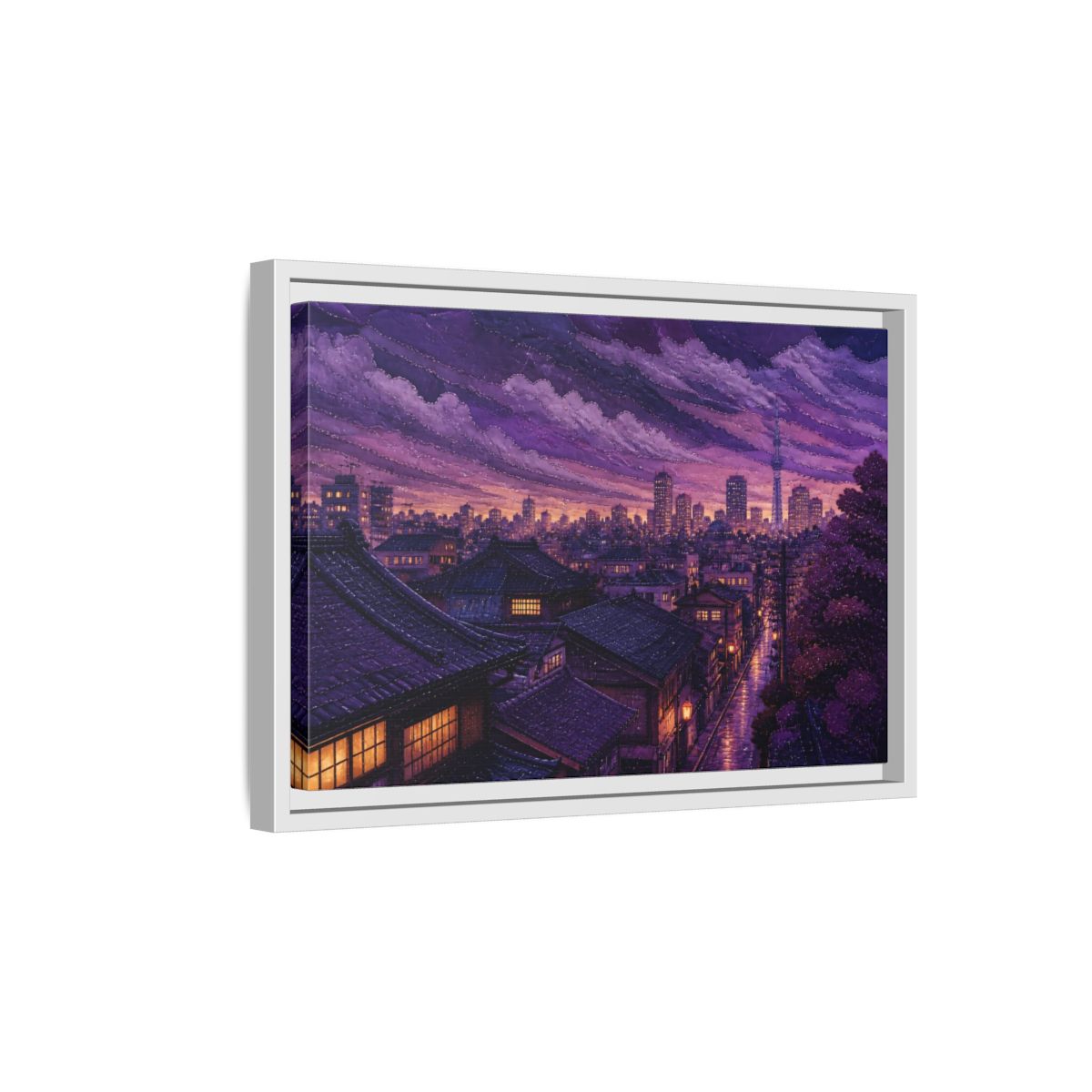Side Mockup 4. Violet Rooftops At Dusk shown as framed canvas print