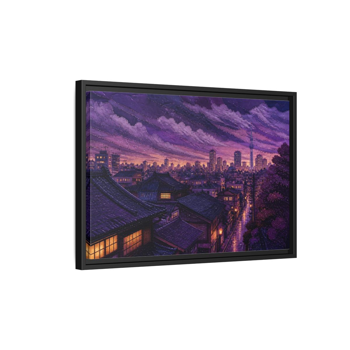 Side Mockup 3. Violet Rooftops At Dusk shown as framed canvas print