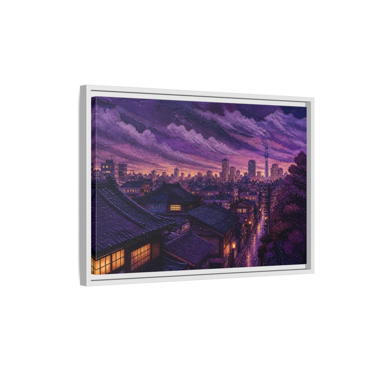 Side Mockup 1. Violet Rooftops At Dusk shown as framed canvas print