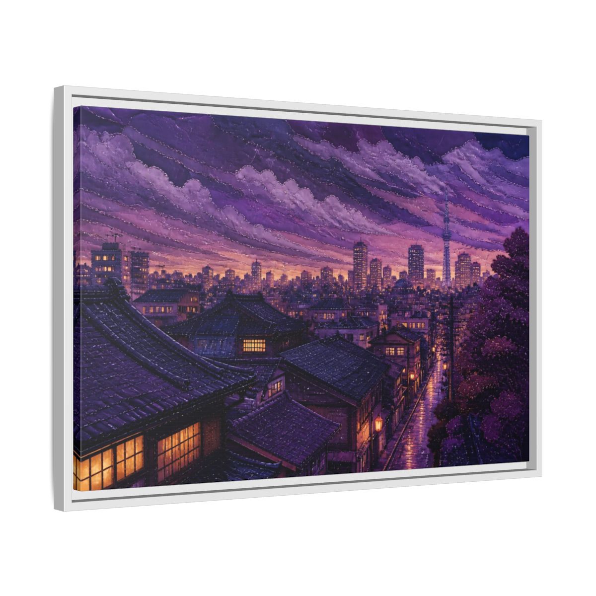 Side Mockup 10. Violet Rooftops At Dusk shown as framed canvas print