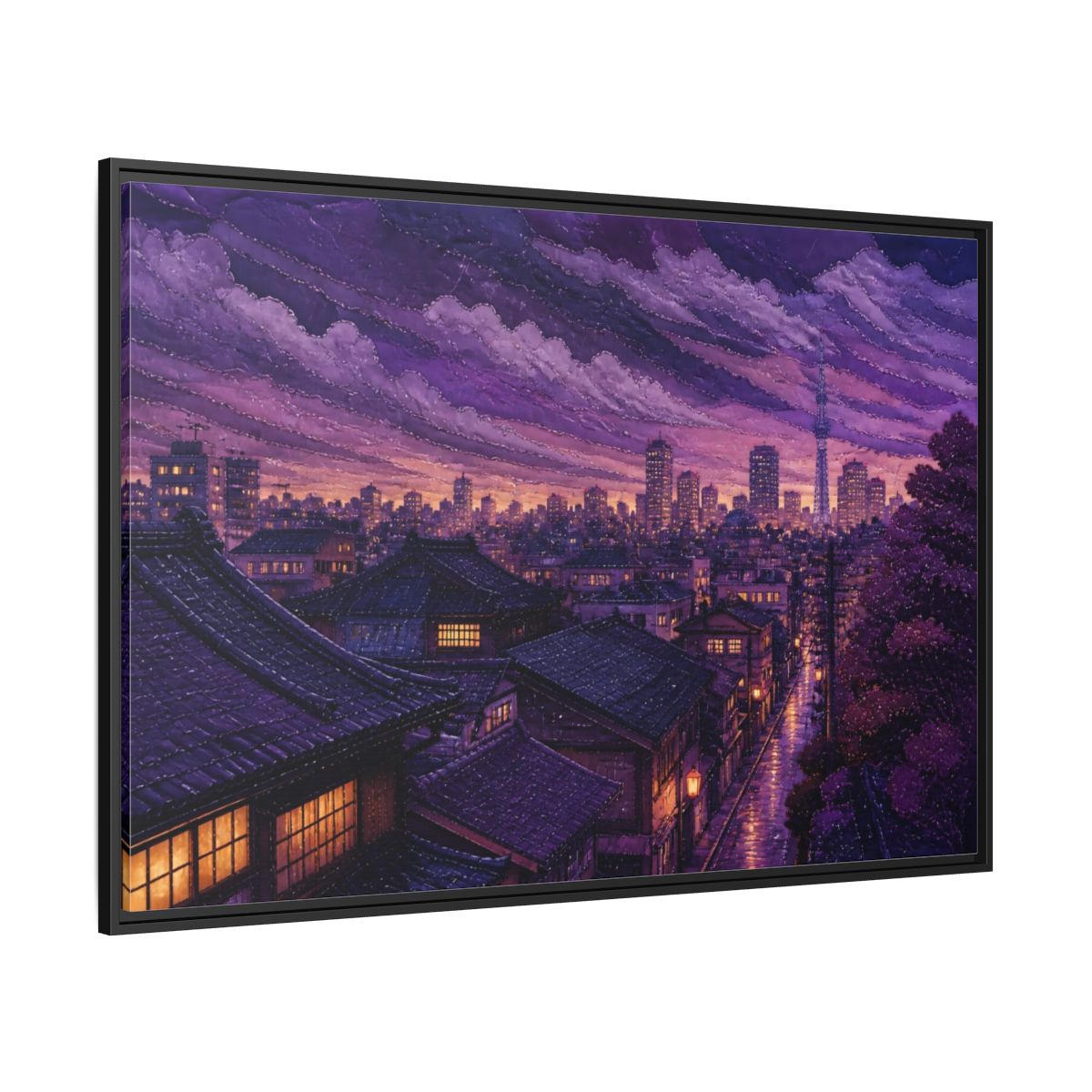 Side Mockup 12. Violet Rooftops At Dusk shown as framed canvas print