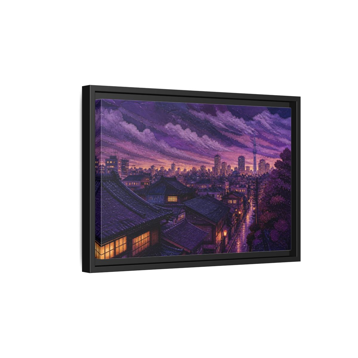 Side Mockup 6. Violet Rooftops At Dusk shown as framed canvas print