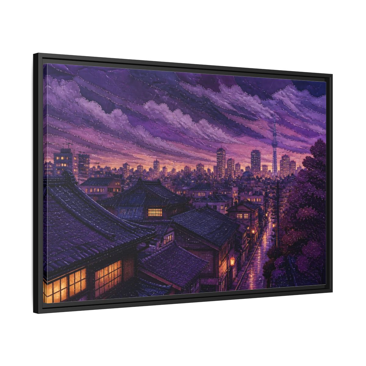 Side Mockup 13. Violet Rooftops At Dusk shown as framed canvas print