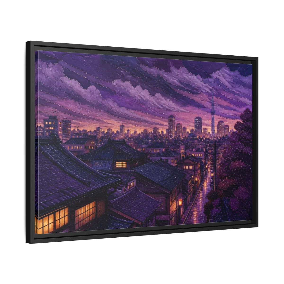 Side Mockup 14. Violet Rooftops At Dusk shown as framed canvas print
