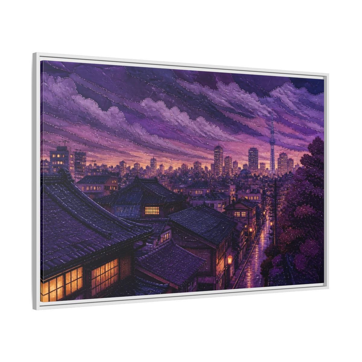 Side Mockup 7. Violet Rooftops At Dusk shown as framed canvas print
