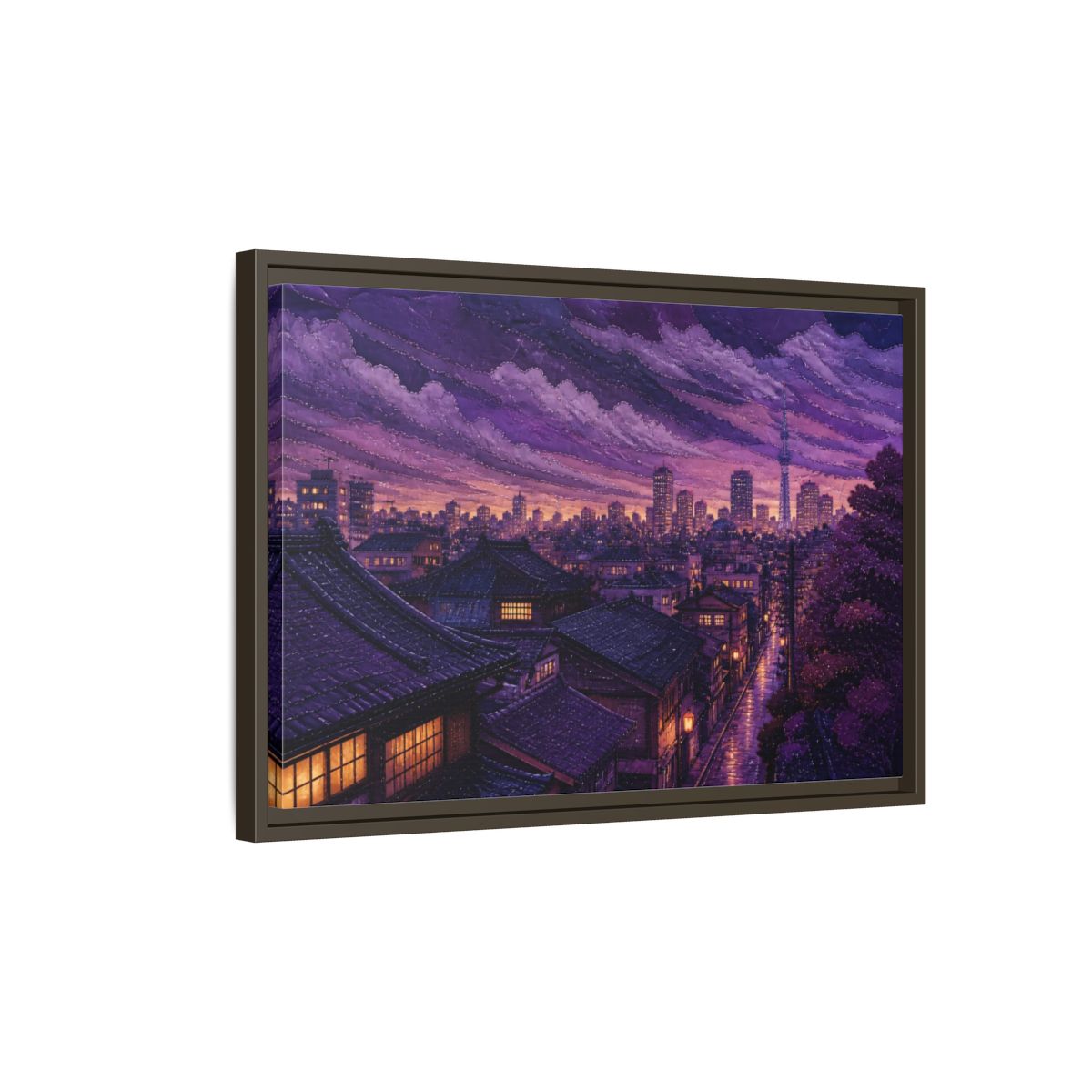 Side Mockup 2. Violet Rooftops At Dusk shown as framed canvas print