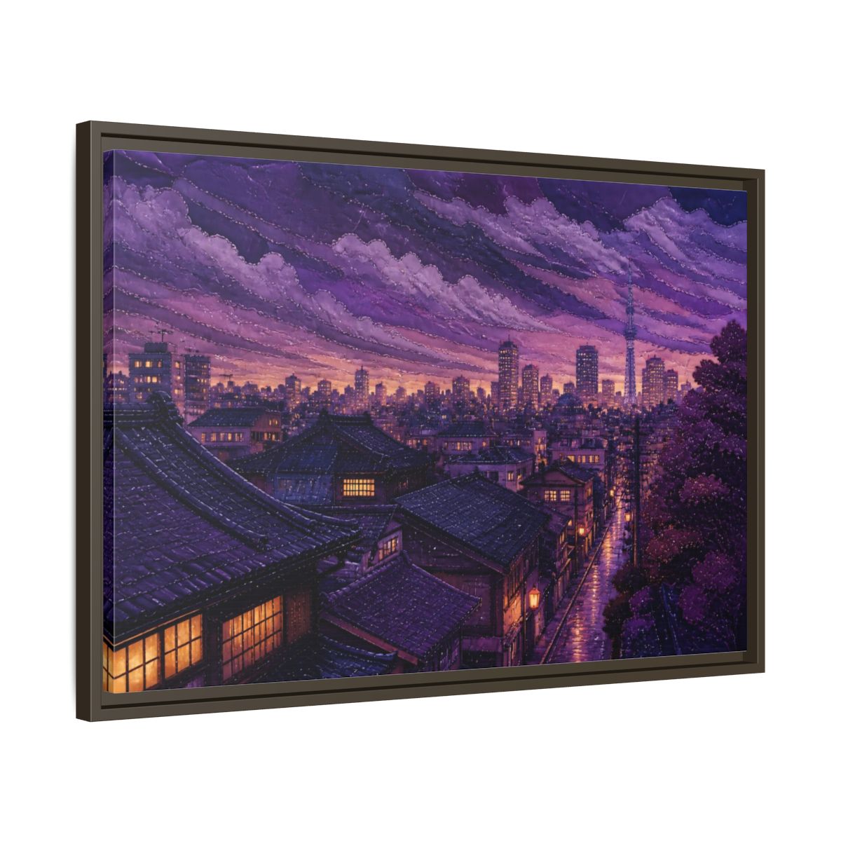Side Mockup 11. Violet Rooftops At Dusk shown as framed canvas print