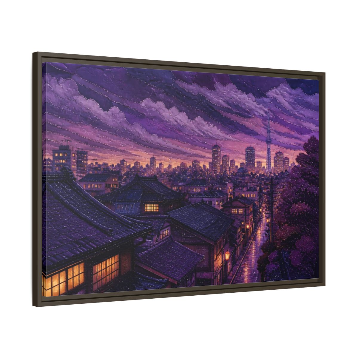 Main Mockup. Violet Rooftops At Dusk shown as framed canvas print