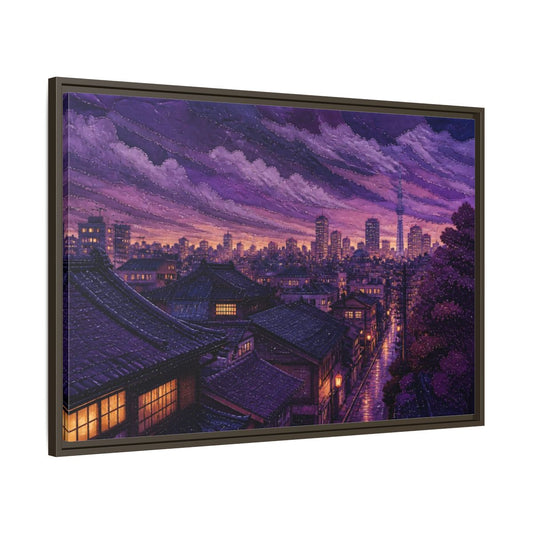 Main Mockup. Violet Rooftops At Dusk shown as framed canvas print