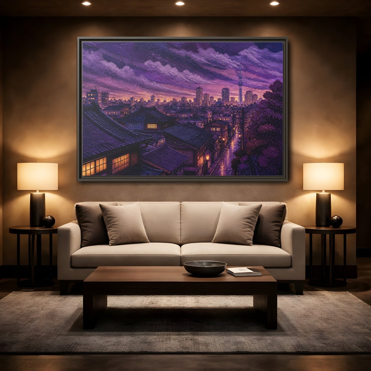 Mockup 2. Violet Rooftops At Dusk shown as framed canvas print