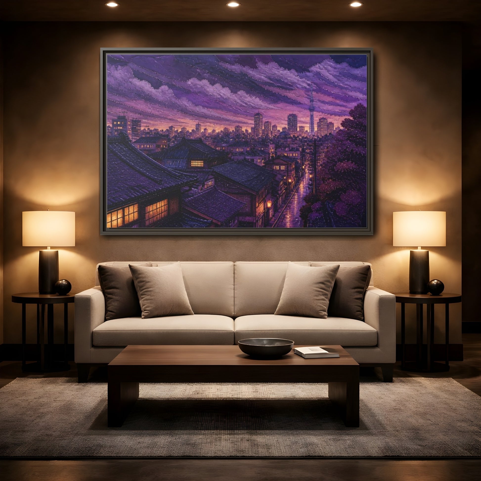 Mockup 2. Violet Rooftops At Dusk shown as framed canvas print