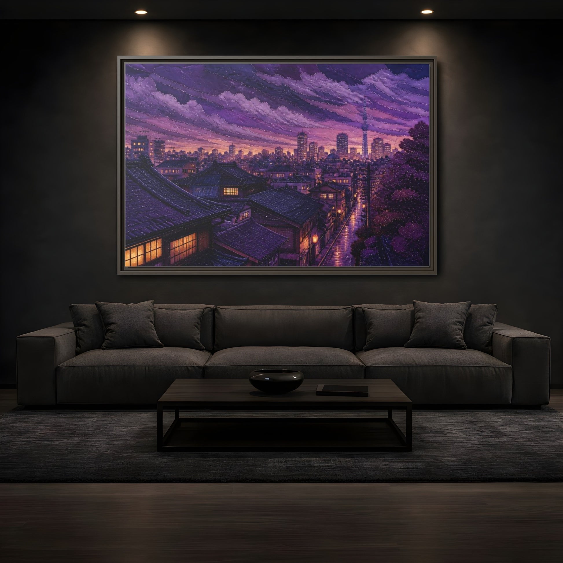 Mockup 3. Violet Rooftops At Dusk shown as framed canvas print