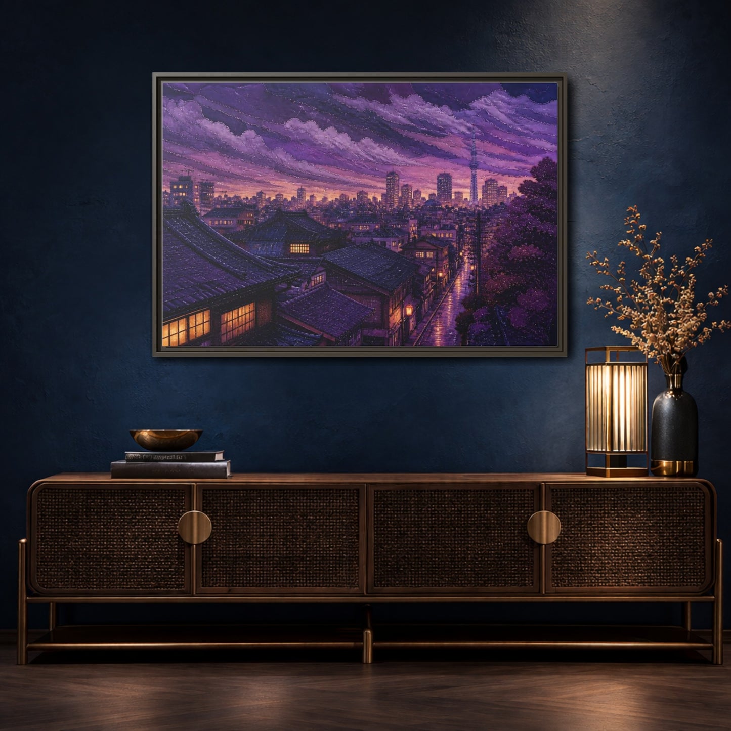 Mockup 4. Violet Rooftops At Dusk shown as framed canvas print