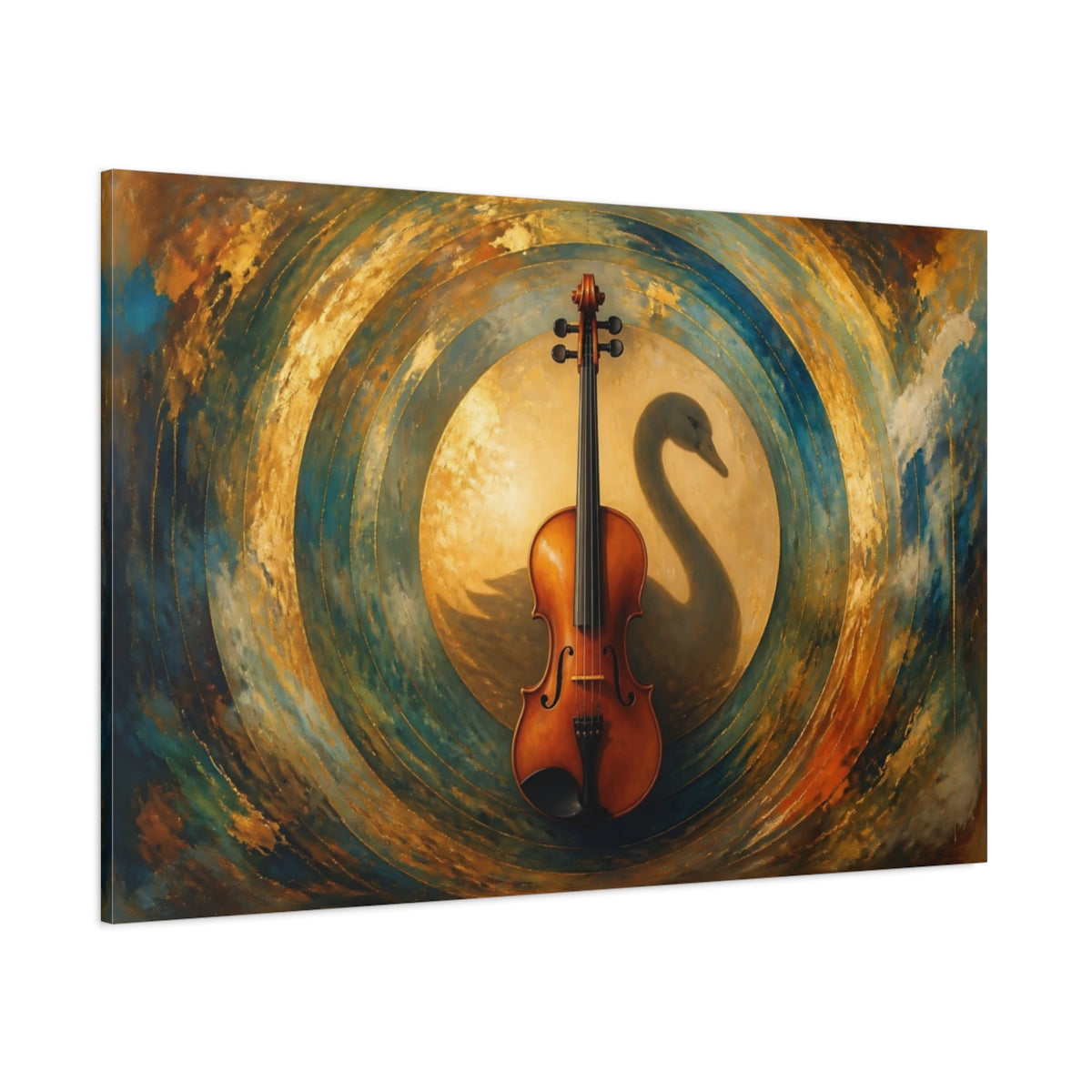 Side Mockup 1. Violin With Swan Shadow shown as canvas print