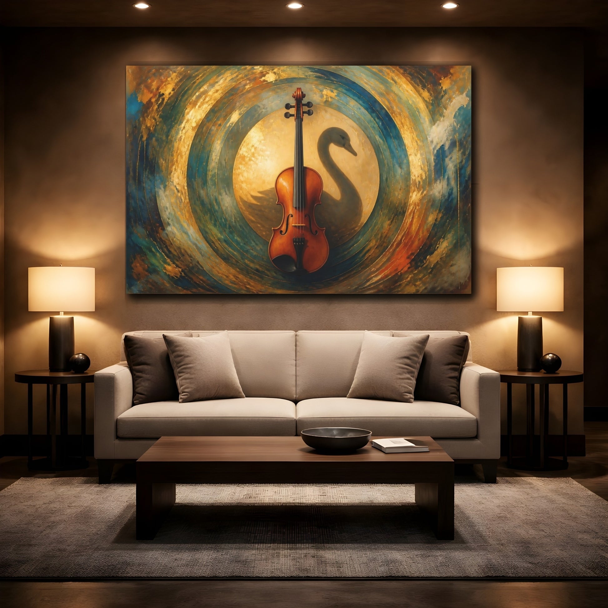 Mockup 2. Violin With Swan Shadow shown as canvas print