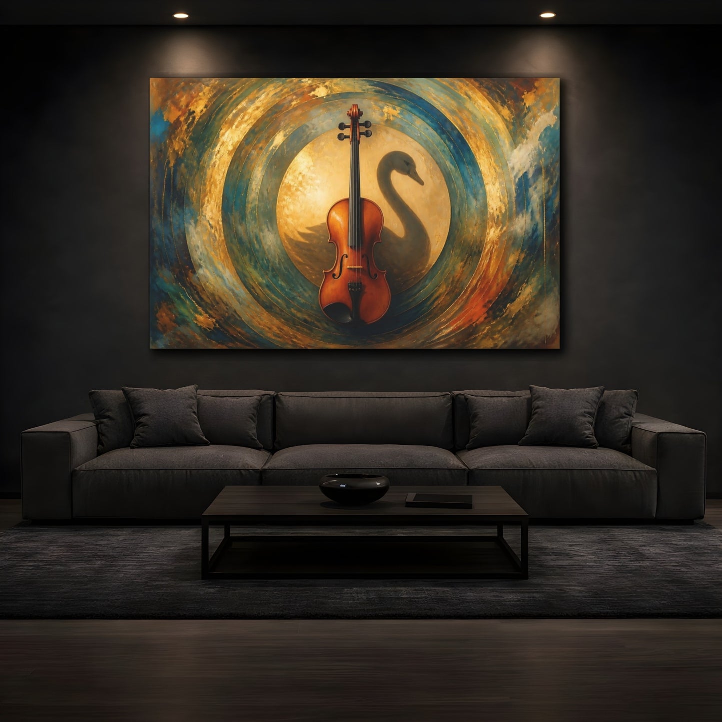 Mockup 3. Violin With Swan Shadow shown as canvas print