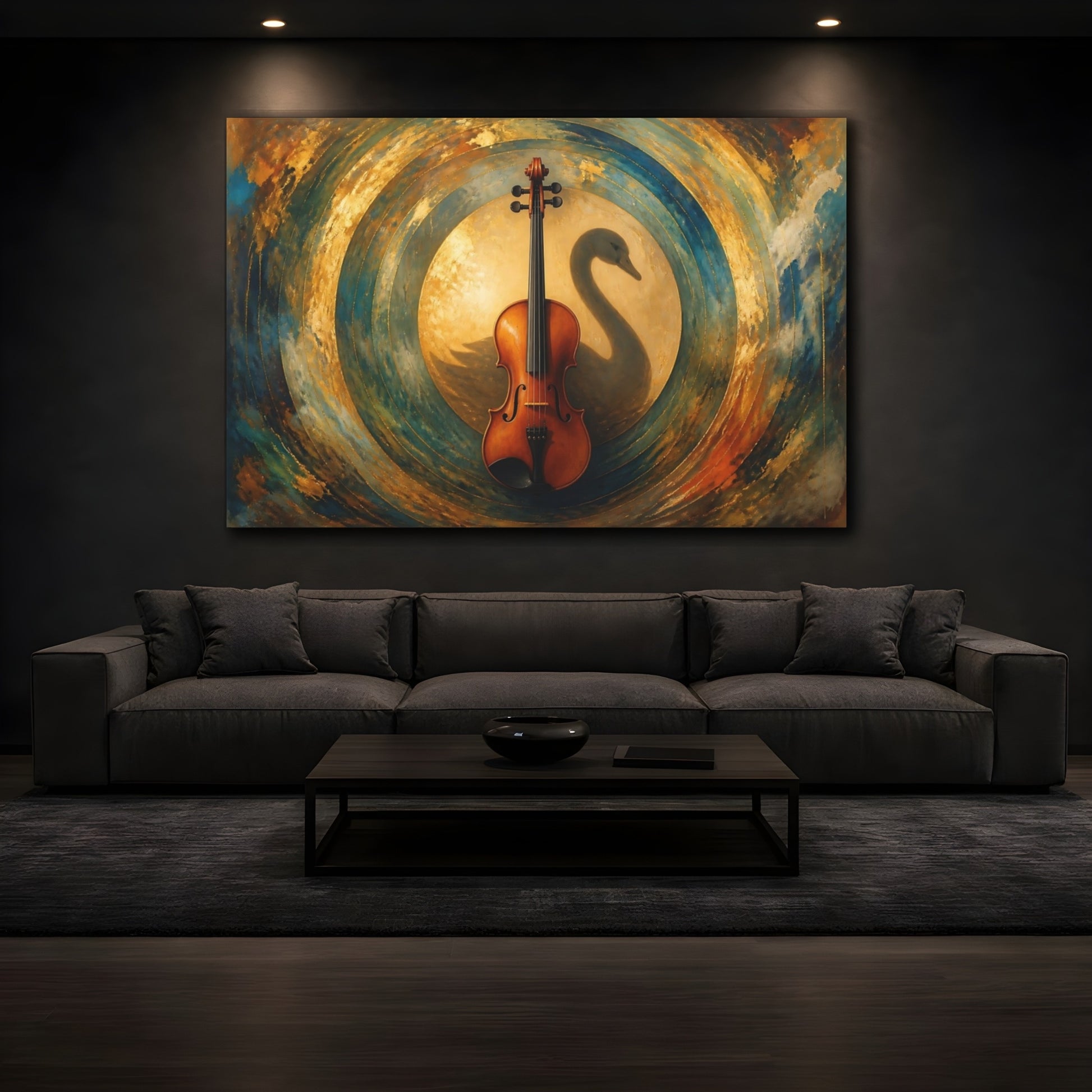 Mockup 3. Violin With Swan Shadow shown as canvas print