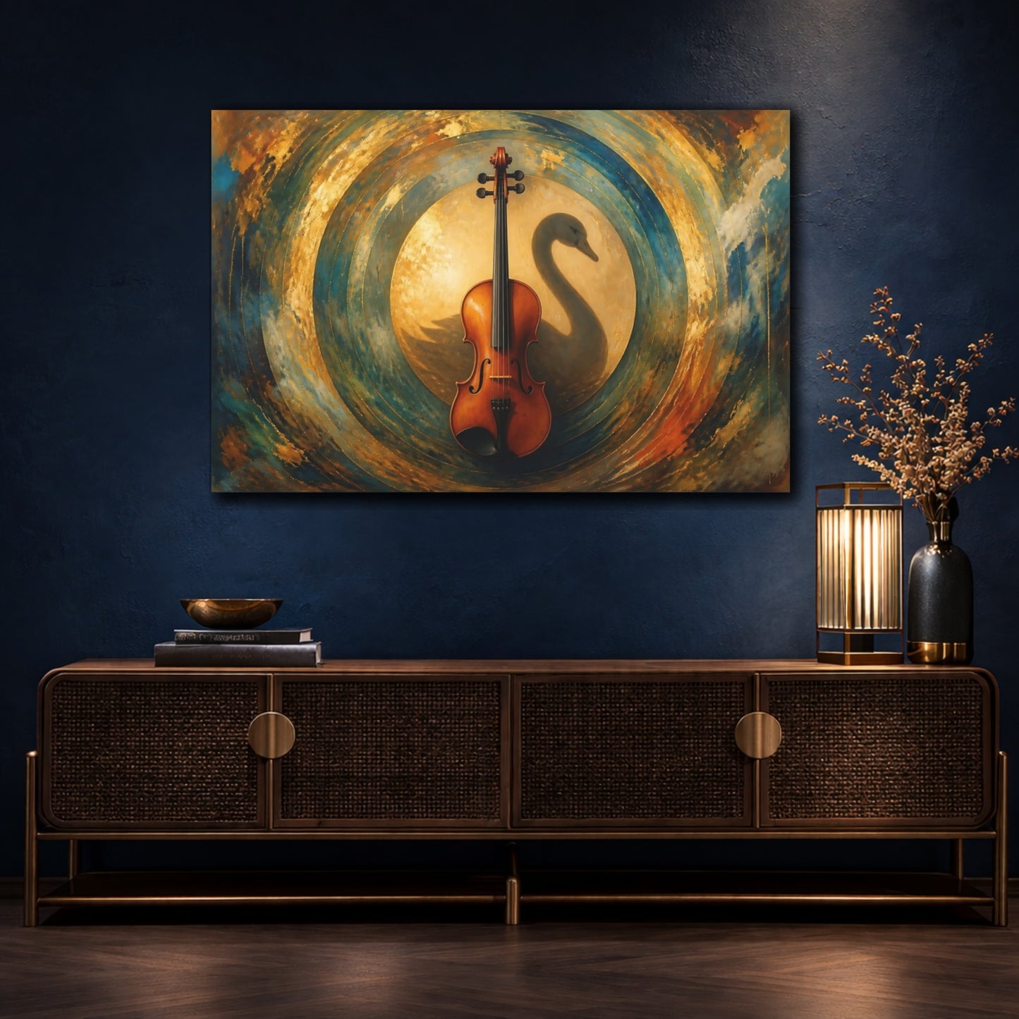 Mockup 4. Violin With Swan Shadow shown as canvas print