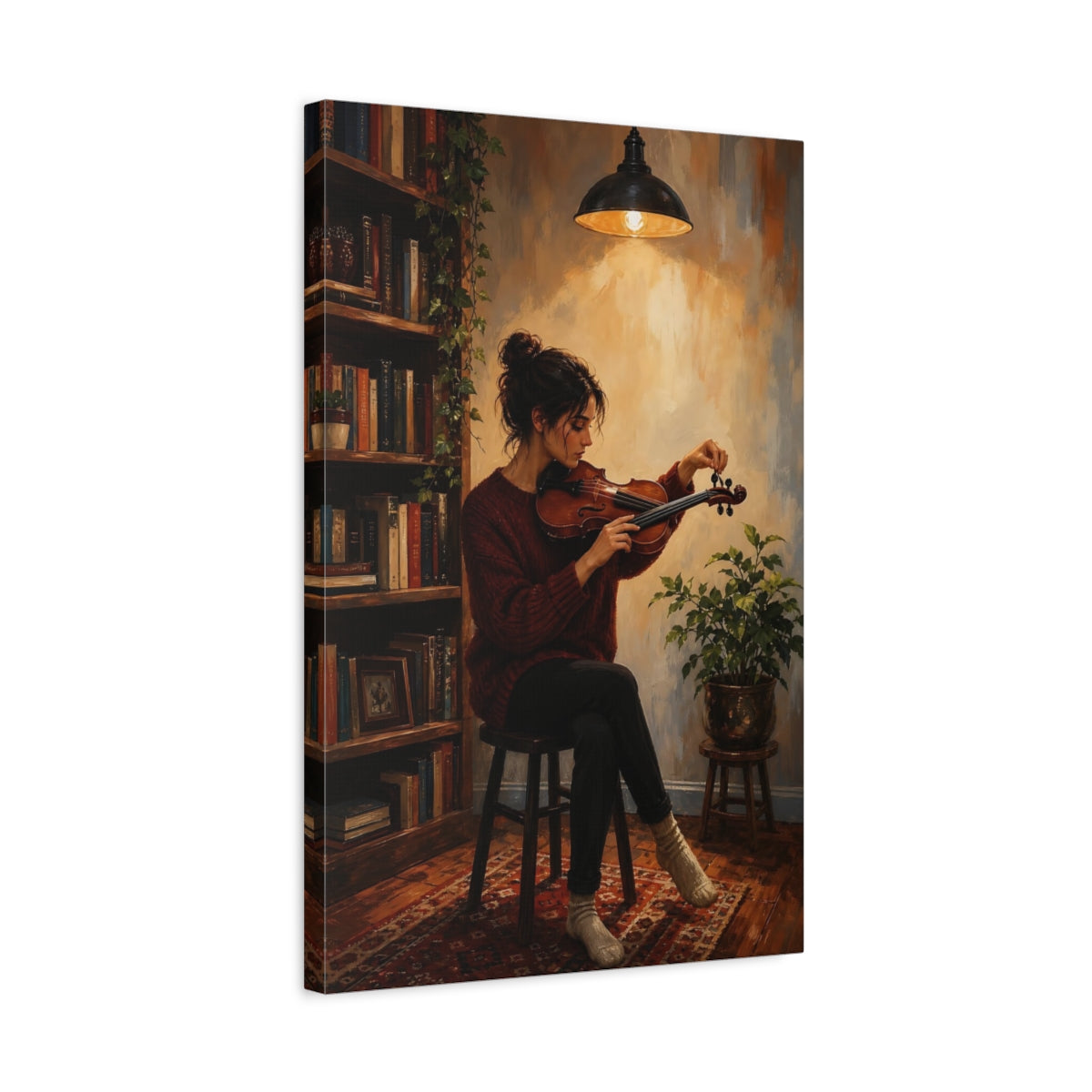 Side Mockup 3. Violinist In Cozy Study shown as canvas print
