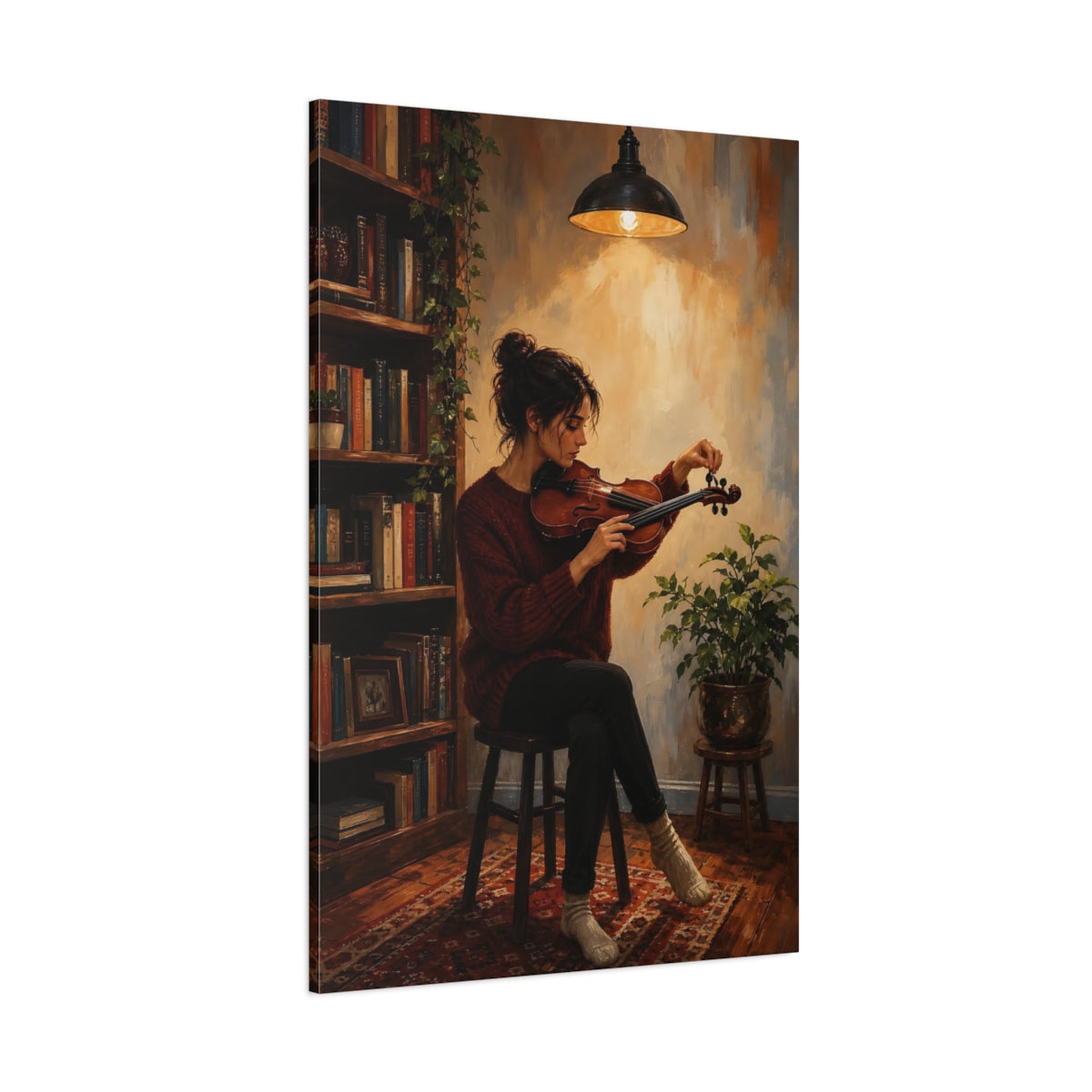Side Mockup 1. Violinist In Cozy Study shown as canvas print