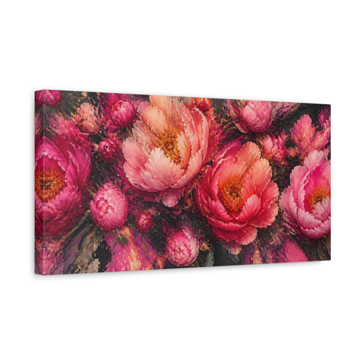 Side Mockup 3. Vivid Peony Bloom shown as canvas print