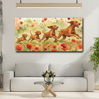 Mockup 2. Vizsla Pets In Poppies shown as canvas print