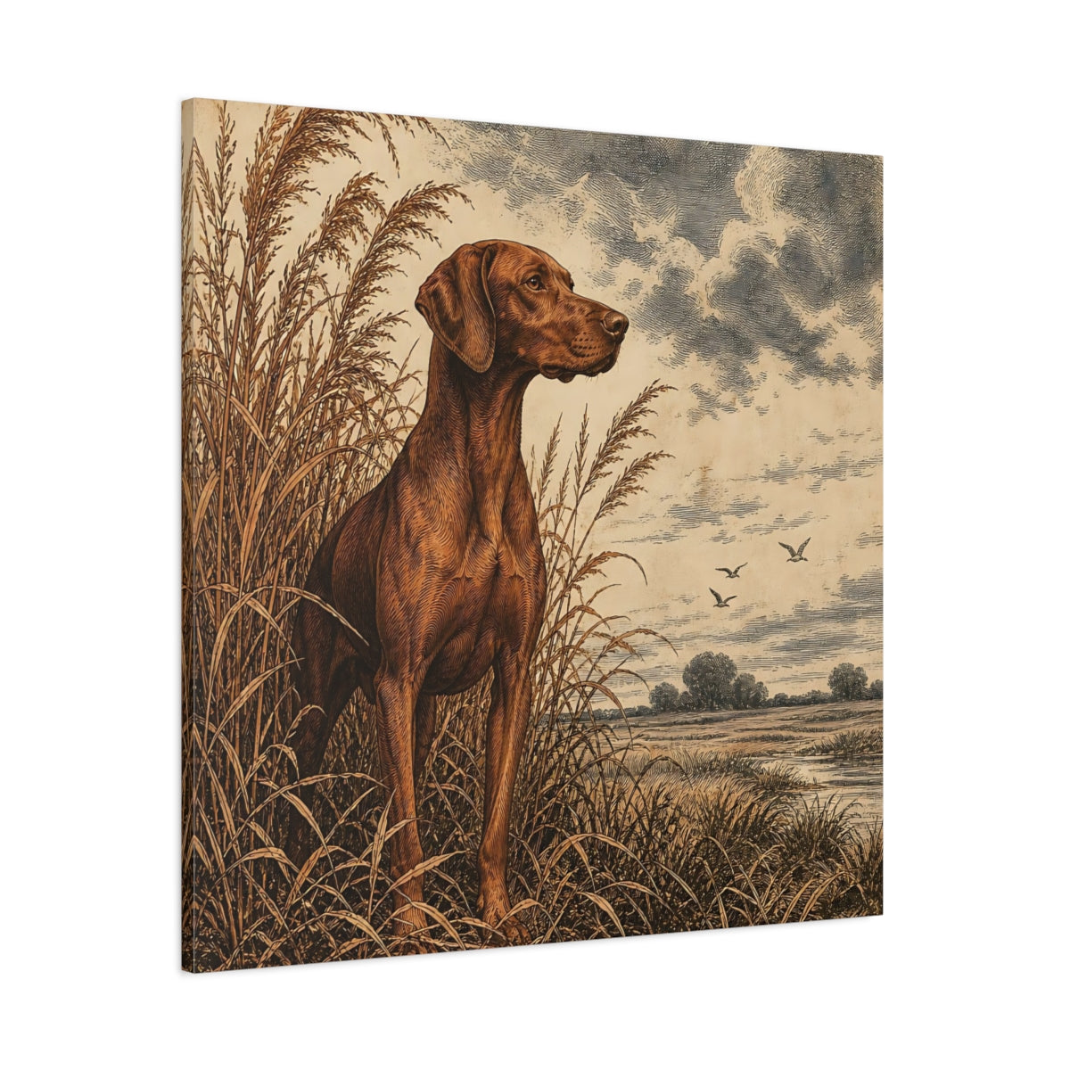 Side Mockup 1. Vizsla Pets Portrait shown as canvas print