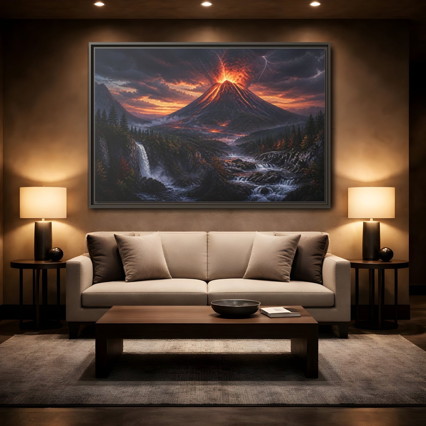 Mockup 2. Volcanic Eruption At Dusk shown as framed canvas print