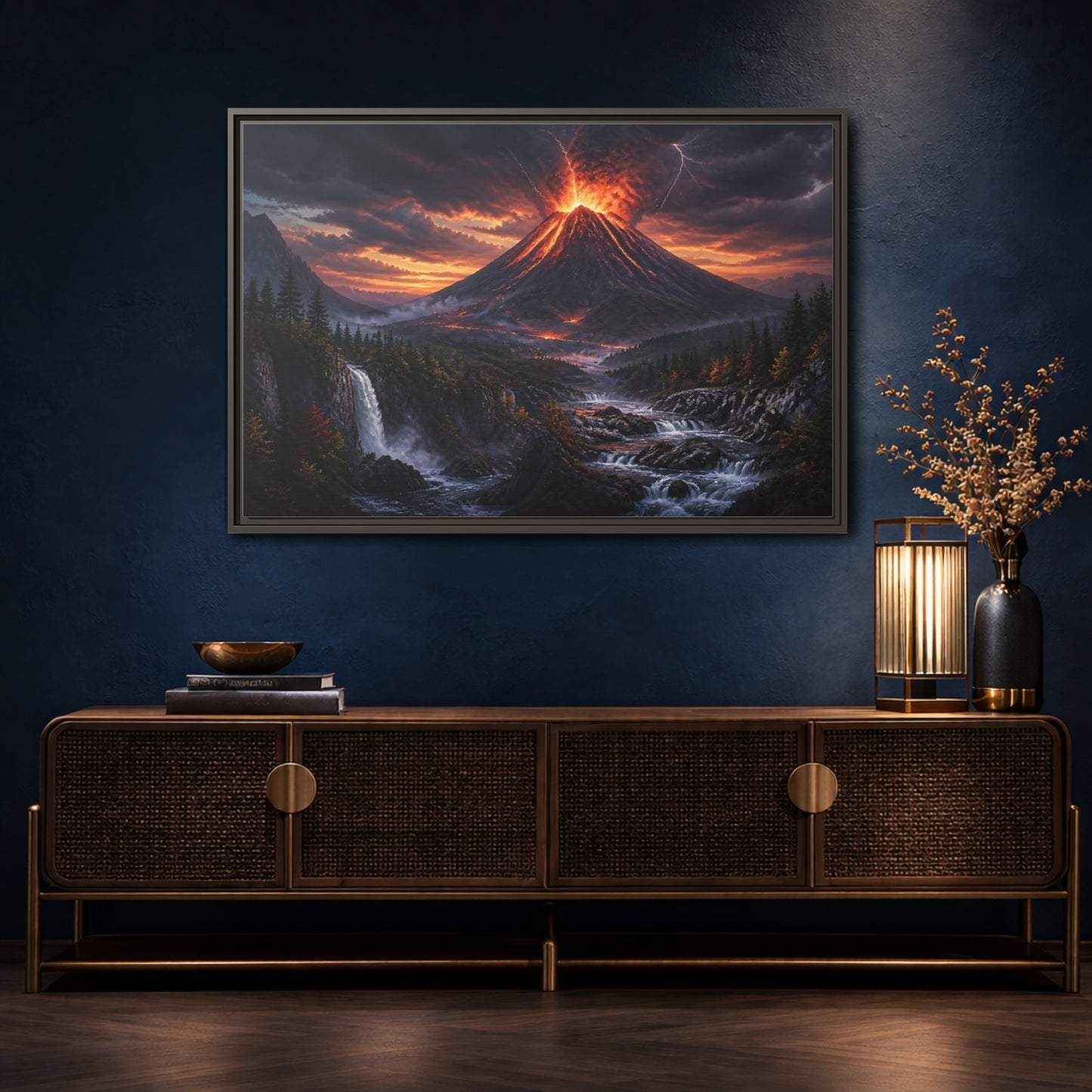 Mockup 4. Volcanic Eruption At Dusk shown as framed canvas print