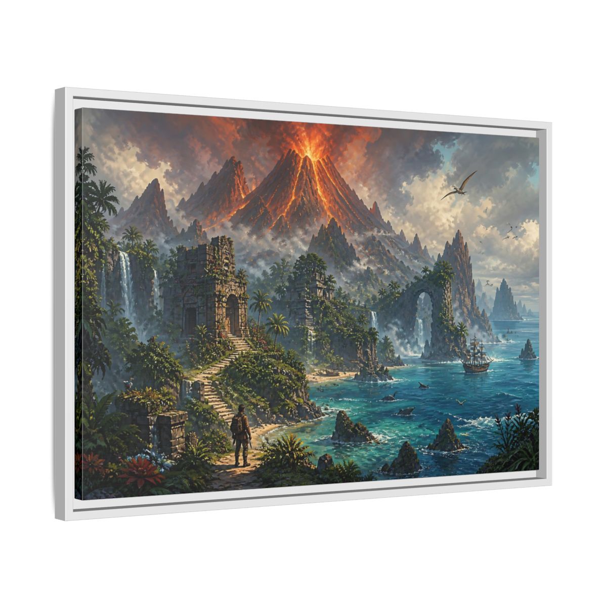 Side Mockup 10. Volcanic Island Adventure shown as framed canvas print