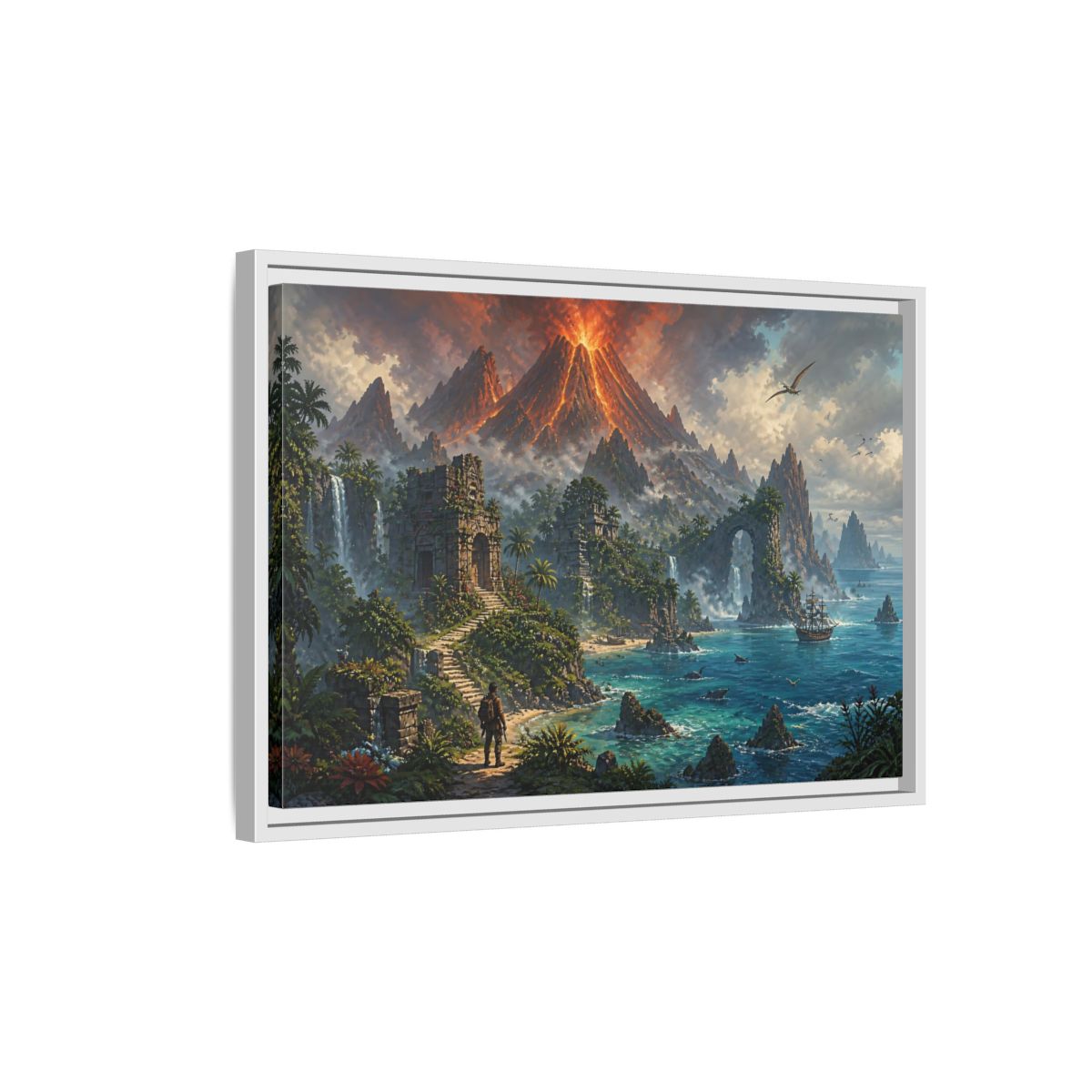 Side Mockup 1. Volcanic Island Adventure shown as framed canvas print