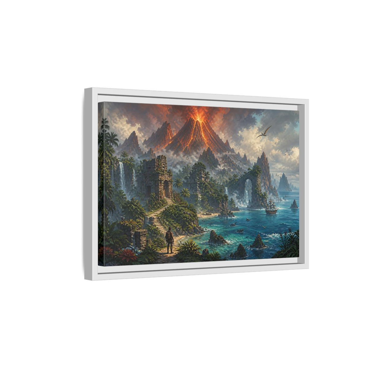 Side Mockup 4. Volcanic Island Adventure shown as framed canvas print