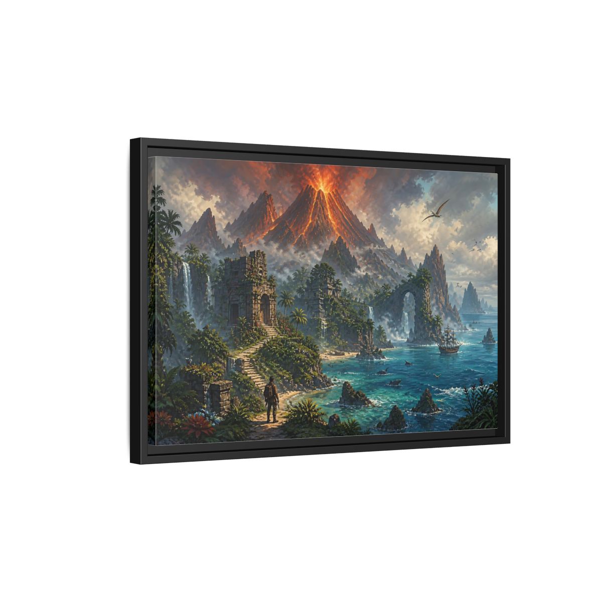 Side Mockup 3. Volcanic Island Adventure shown as framed canvas print
