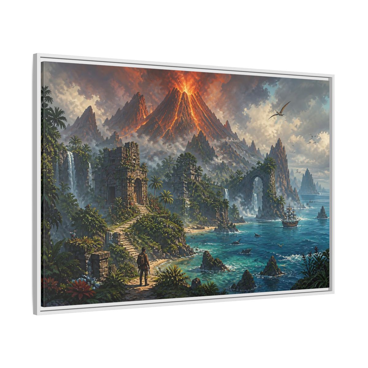 Side Mockup 7. Volcanic Island Adventure shown as framed canvas print