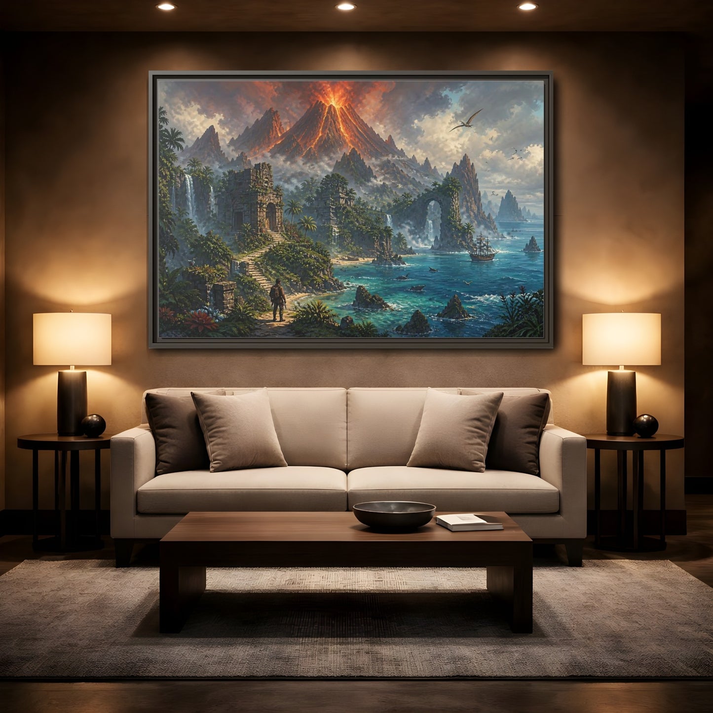 Mockup 2. Volcanic Island Adventure shown as framed canvas print
