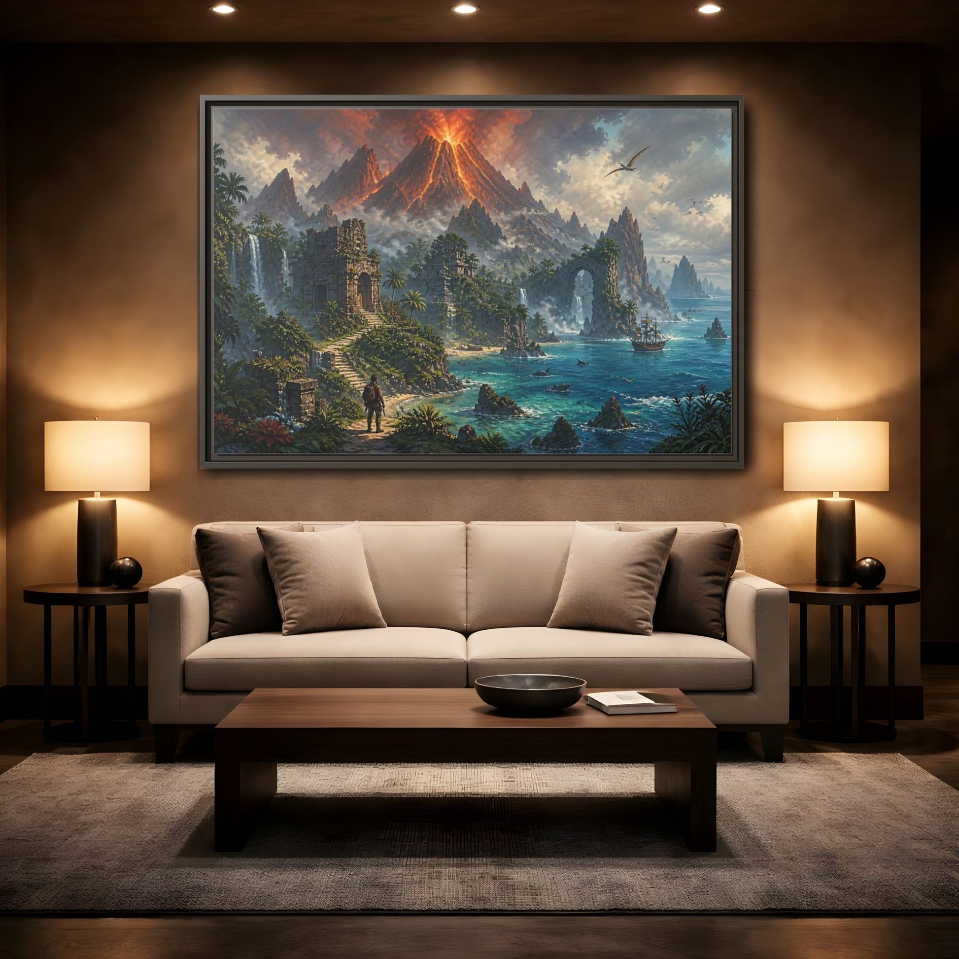 Mockup 2. Volcanic Island Adventure shown as framed canvas print
