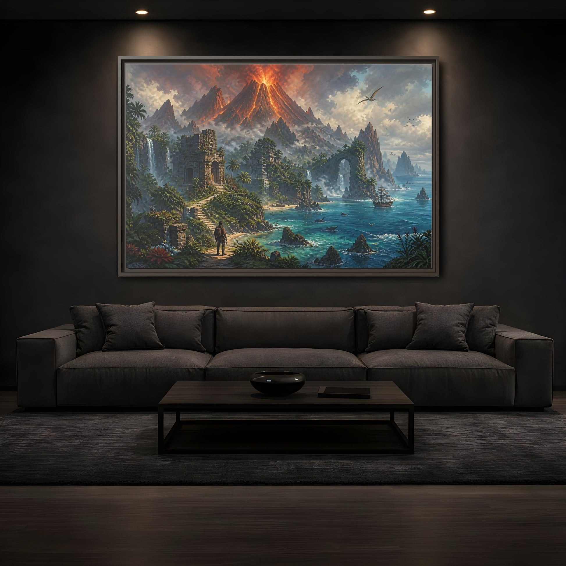 Mockup 3. Volcanic Island Adventure shown as framed canvas print