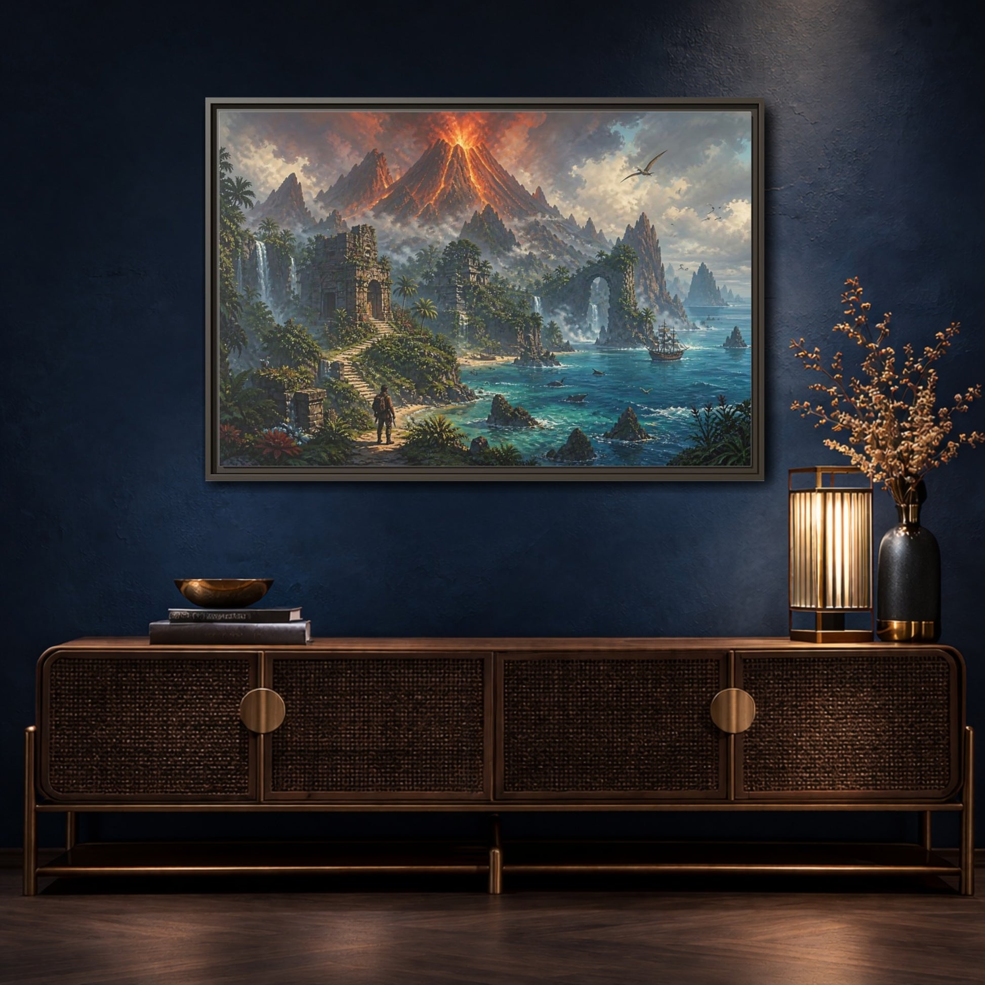 Mockup 4. Volcanic Island Adventure shown as framed canvas print