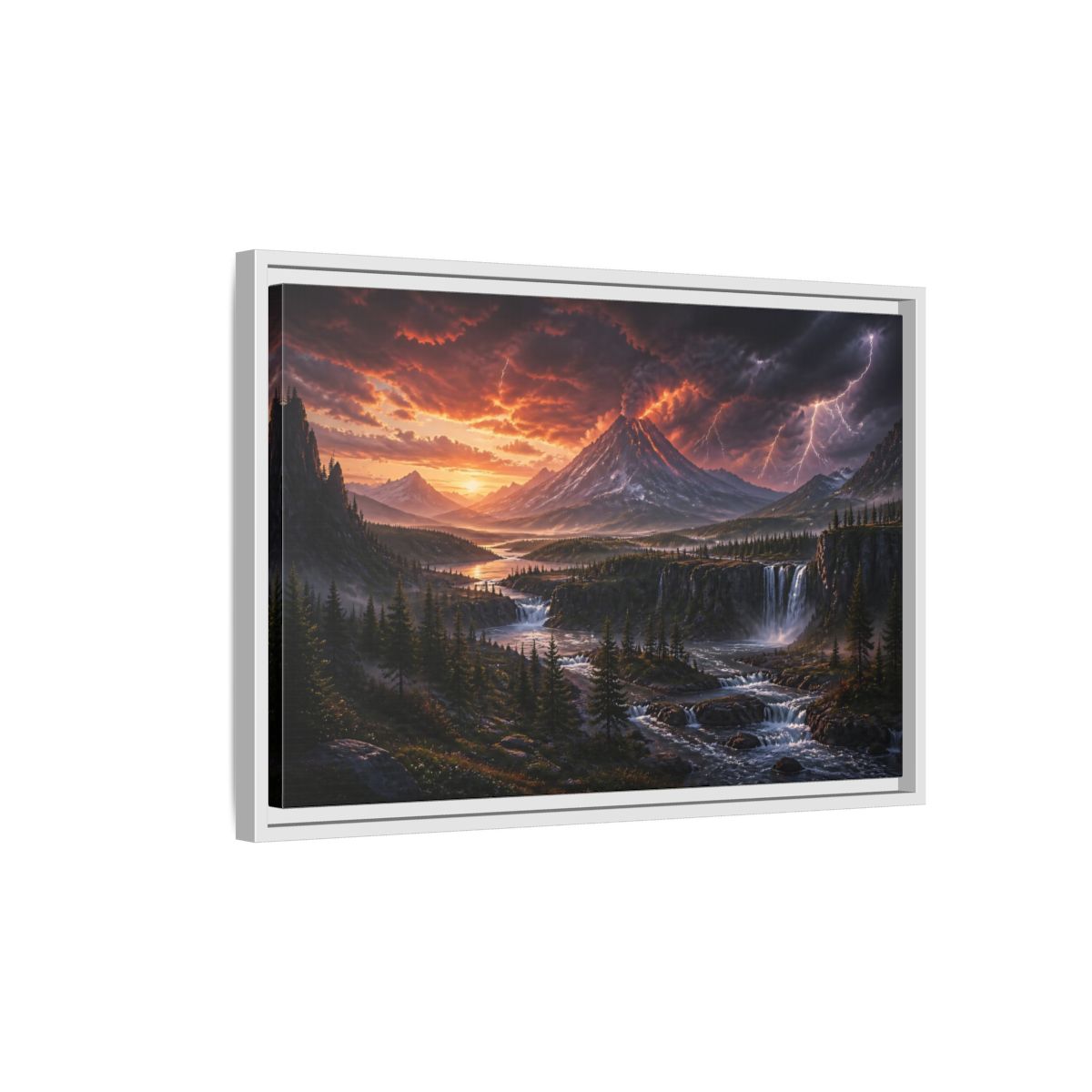 Side Mockup 1. Volcanic Storm At Dusk shown as framed canvas print